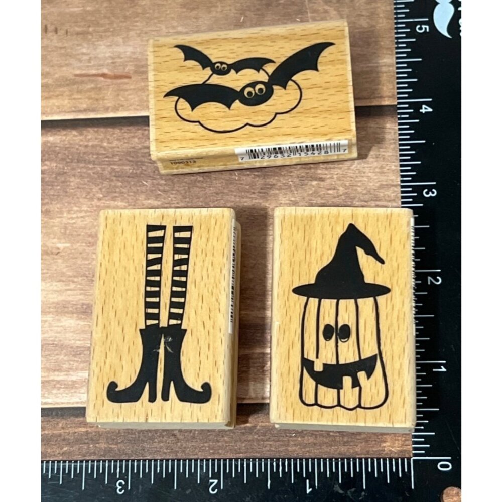 2014 Studio G Halloween Rubber Stamps Set Of 3 Wood Mounted BAT PUMPKIN WITCH